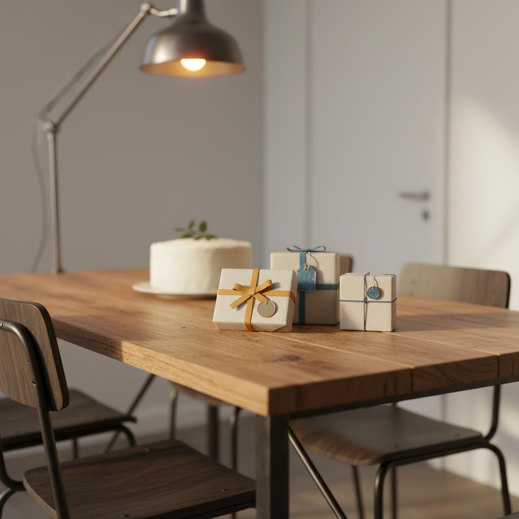Detailaufnahme eines Esstisches mit kleinen Geschenkboxen, Metallanhängern und Vanillekuchen – stimmungsvolle geschenkideen für freundeskreis in warmem Holz- und Metalldesign.