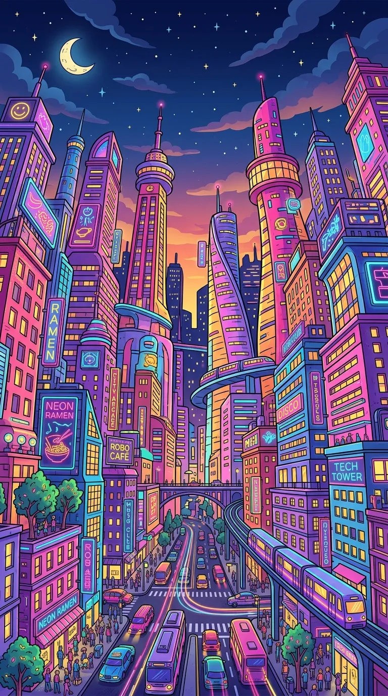 Playful Cartoonish Cityscape at Dusk - Free 4K mobile Wallpaper