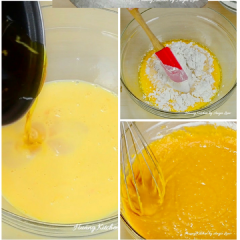 Khi phần siro caramel đã nguội đổ từ từ vào hỗn hợp bột ướt. Sau đó tiếp tục rây phần bột khô vào trộn đều để được hỗn hợp đồng nhất. Lọc qua rây để được hỗn hợp mịn mượt.