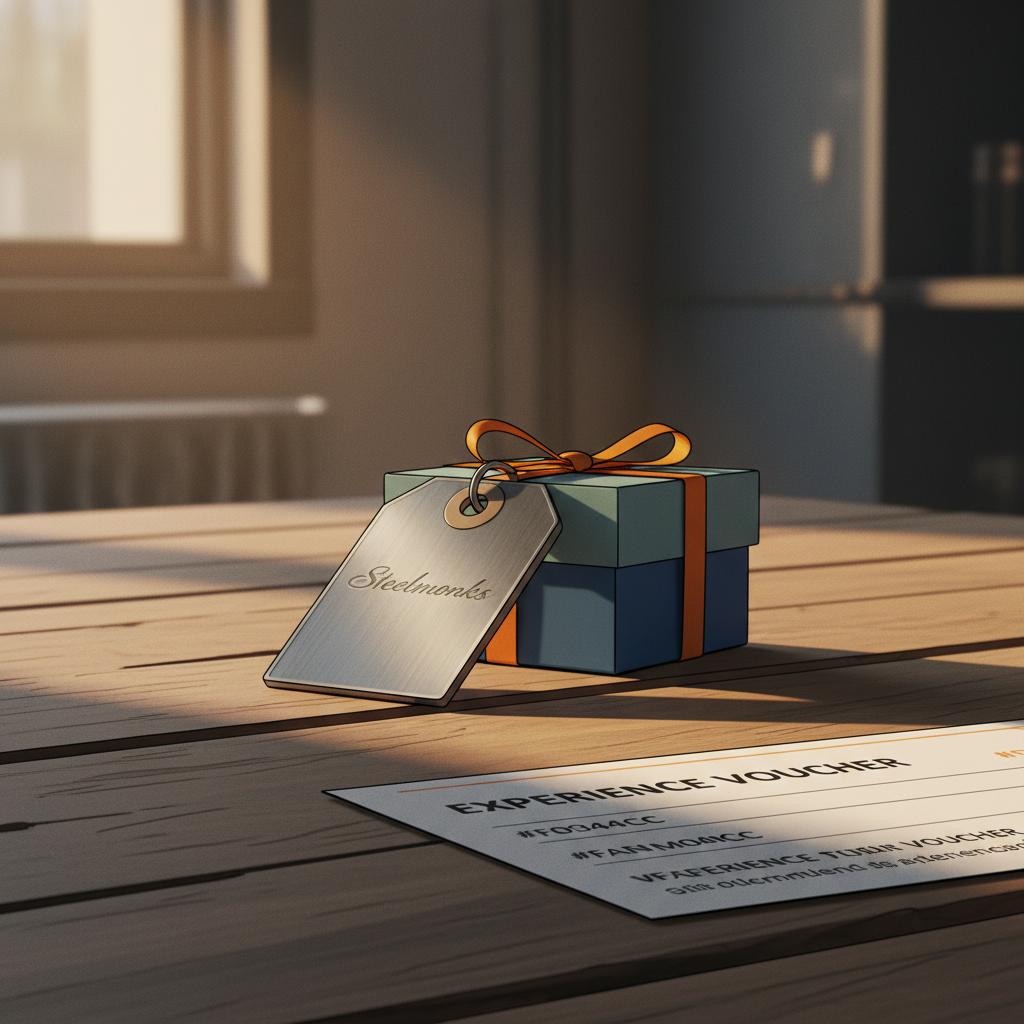 Nahaufnahme von Geschenken auf rustikalem Holztisch mit graviertem Metallanhänger, Geschenkbox und Erlebnisgutschein ohne sichtbare Schrift, mydays vs jochen schweizer