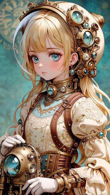 Blonde girl in steampunk diving helmet with intricate gearwork - Free mobile Wallpaper
