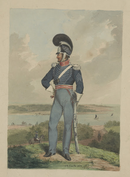 Soldier from the First City Troop Philadelphia in uniform and helmet with a plum
