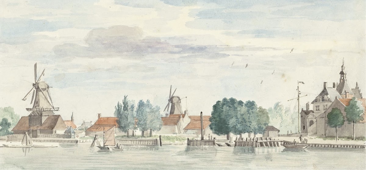 Gezicht op Dordrecht met de Rietdijkspoort en windmolens 1744