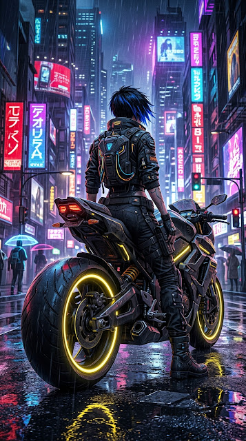 Cyberpunk Woman on Futuristic Motorcycle in Rainy City - Free mobile Wallpaper