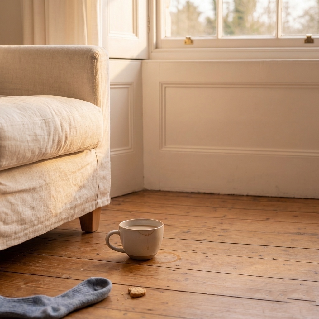 A mug of tea balanced on the floor beside the sofa, for want of a reading corner side table.