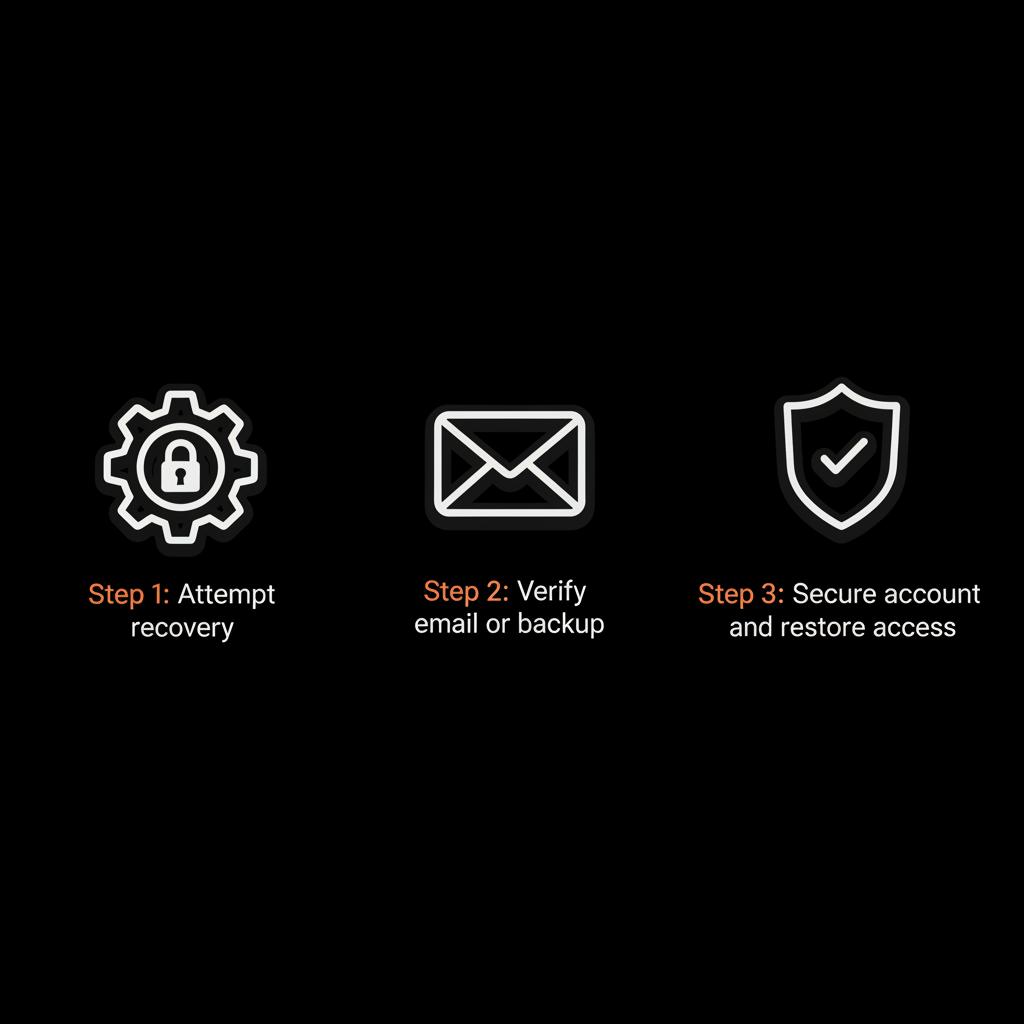 Infographic showing a three-step process to recover a deleted Gmail account after 30 days with gear-lock, email envelope, and shield icons on a black background.
