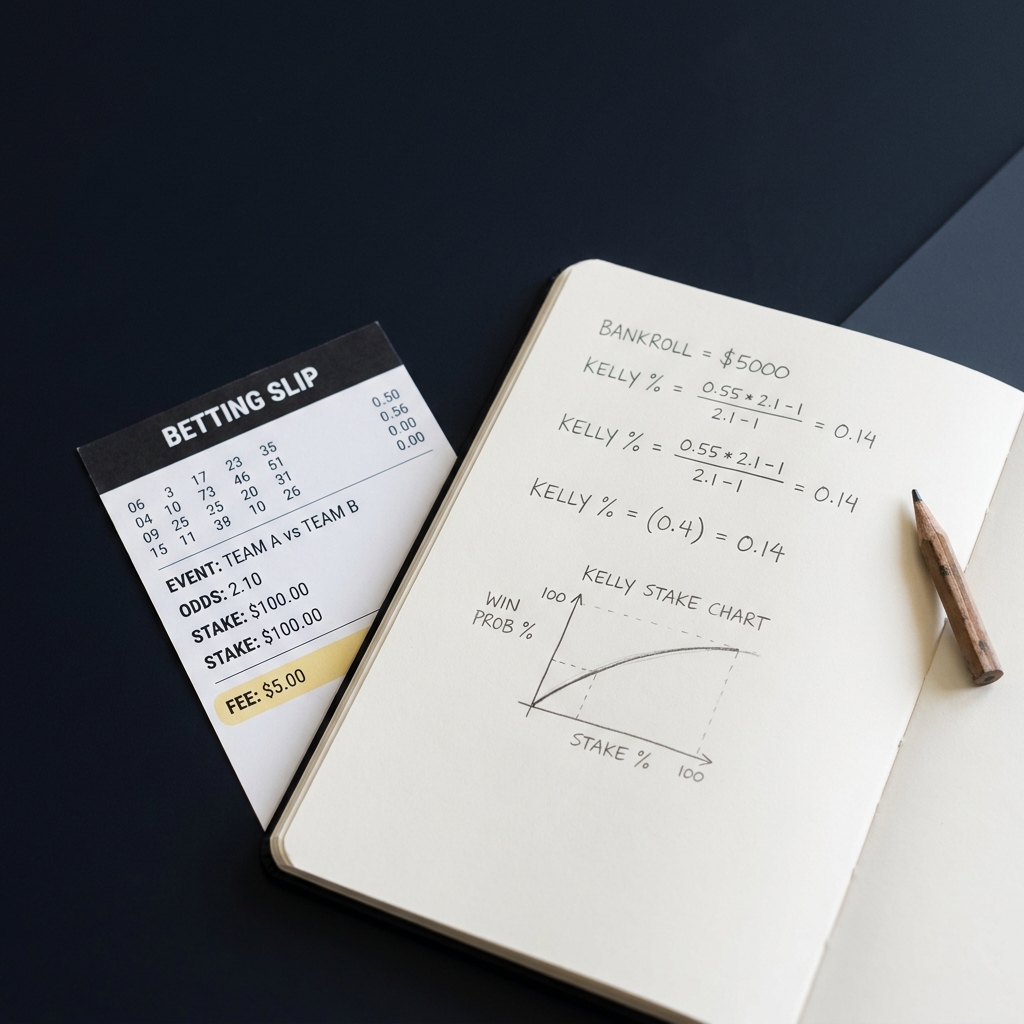 Close up of a betting slip beside a notebook with calculations highlighting odds fees and a Kelly stake sketch illustrating Why a Winning Pick Can Still Be a Bad Trade
