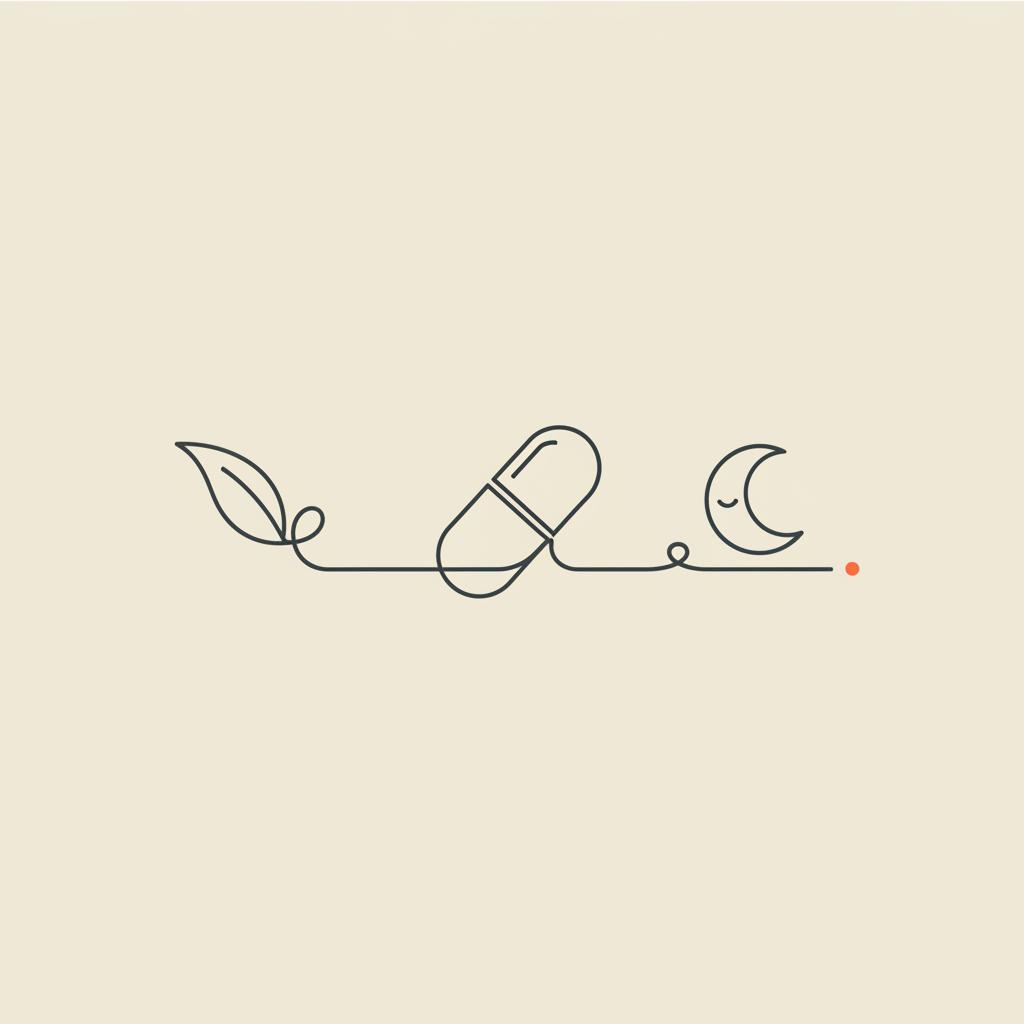 Minimal Tonum-style line illustration of a green tea leaf, capsule, and sleeping moon connected by a thin line representing l-theanine, supplements and sleep.
