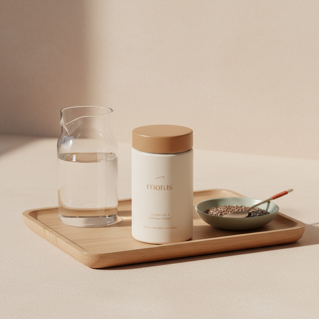 Tonum Motus supplement jar on a wooden tray beside a glass carafe and dish of seeds on a soft #F2E5D5 background, highlighting conjugated linoleic acid.