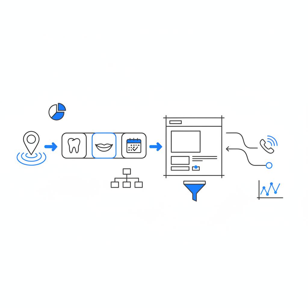 Minimal 2D vector notebook-style schematic of a local ad flow with geo-targeting map, creative thumbnails, conversion landing page and call-tracking icon to promote dental clinic on Instagram
