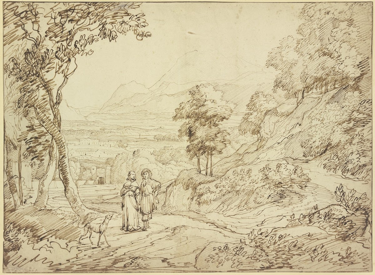 Landschaft auf dem Weg ein Herr und eine Dame mit einem Windhund
