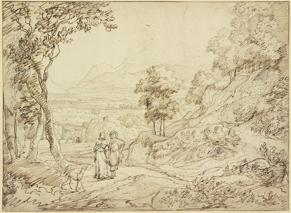Landschaft auf dem Weg ein Herr und eine Dame mit einem Windhund