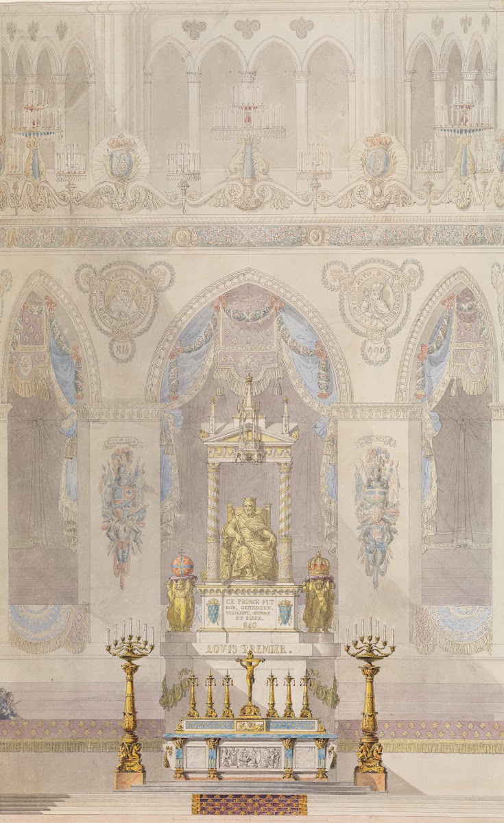 Interior Elevation of Reims Cathedral with a Statue of King Louis I and an Altar