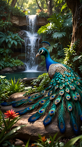 Majestic Peacock Display by Tropical Jungle Waterfall