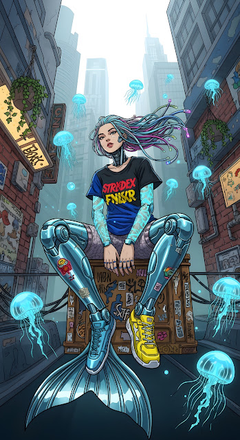 Cybernetic Mermaid Sitting in Urban Alley with Neon Jellyfish - Free mobile Wallpaper