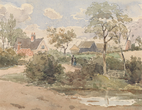 Country Landscape with Cottage Windmill Barns and Figures with Pond in Foregroun