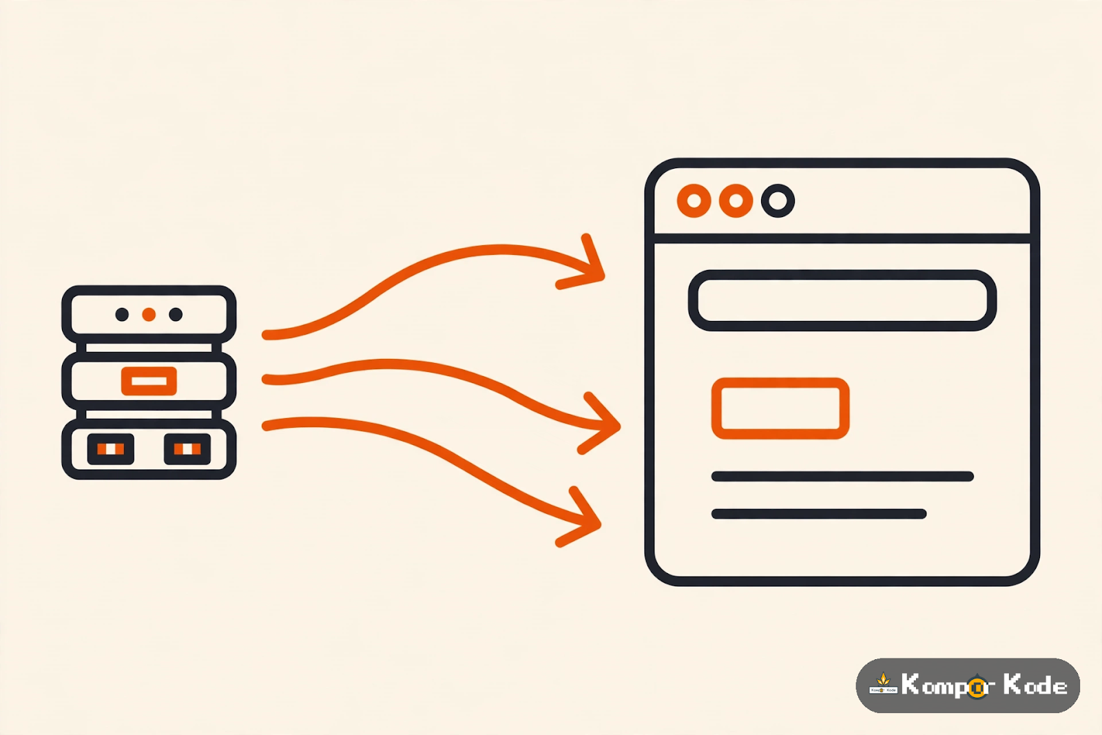 Ilustrasi flat vector jendela browser menerima aliran data dari ikon server