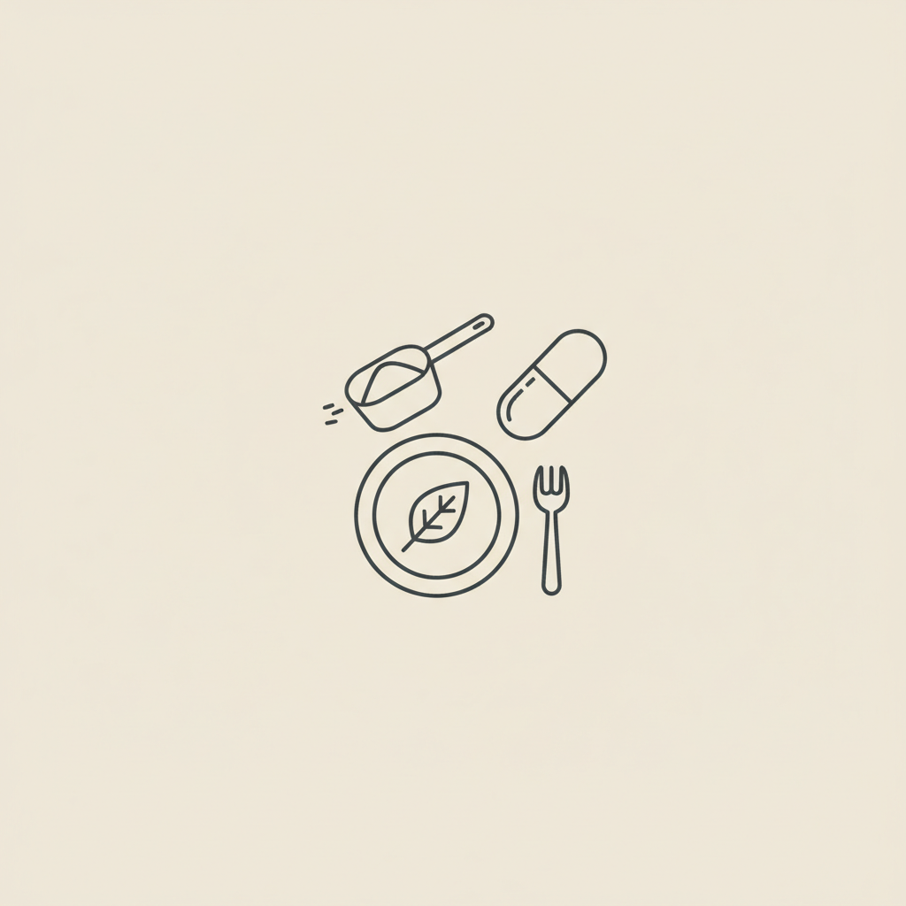 Minimalist vector line illustration of a whey scoop, capsule, and plate with leaf and fork on beige #F2E5D5, representing whey protein and weight loss.