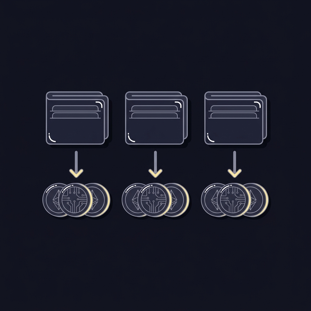 Minimalist 2D vector illustration of digital wallets and generic cryptocurrency coins connected by rails representing betus withdrawal alternative payout flow on a dark Funded Plays style background