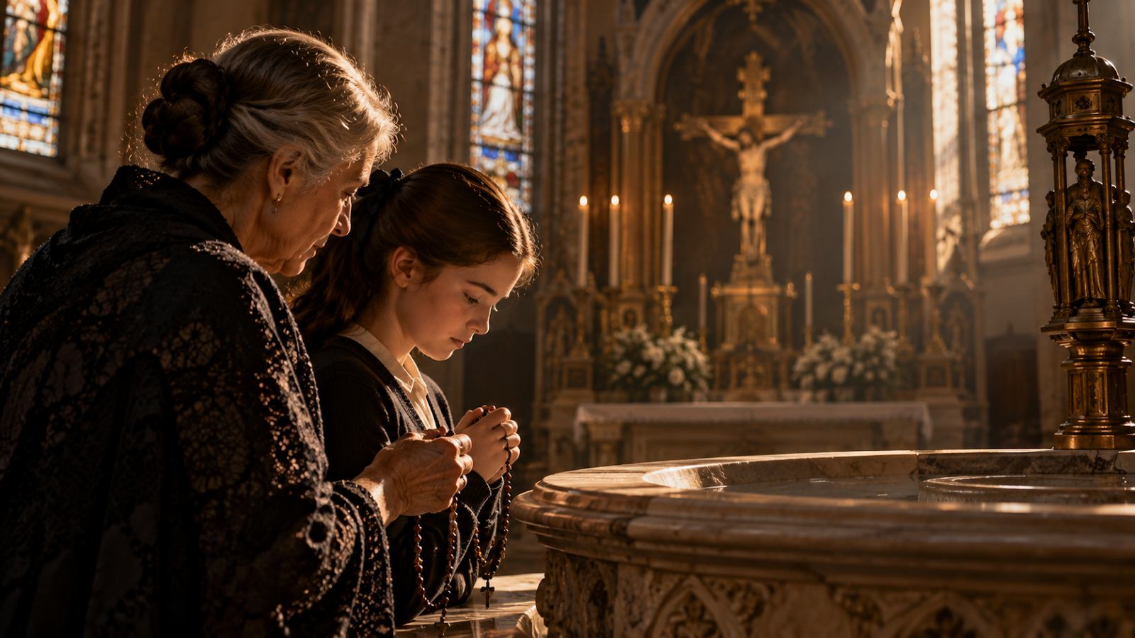 Mulher idosa e jovem católica rezam o Rosário diante do altar e do crucifixo, evocando a transmissão da fé entre gerações.