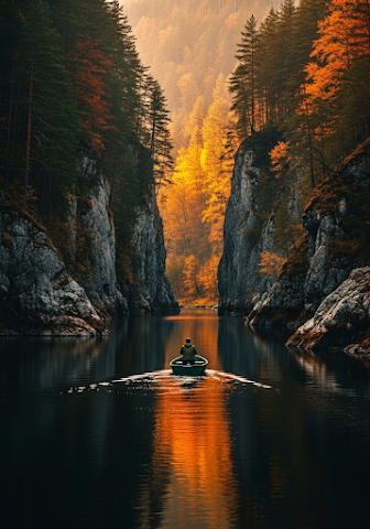 Autumn Canyon River Boat, Hrensko Forest Dawn