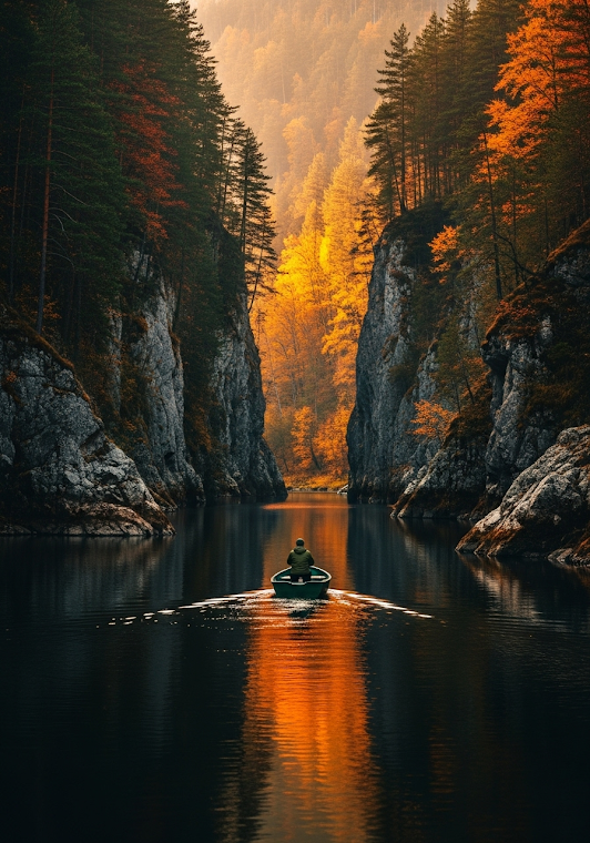 Autumn Canyon River Boat, Hrensko Forest Dawn