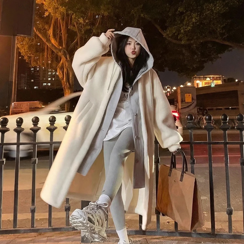 Lamb fleece imitation hooded jacket, mid-length, lined