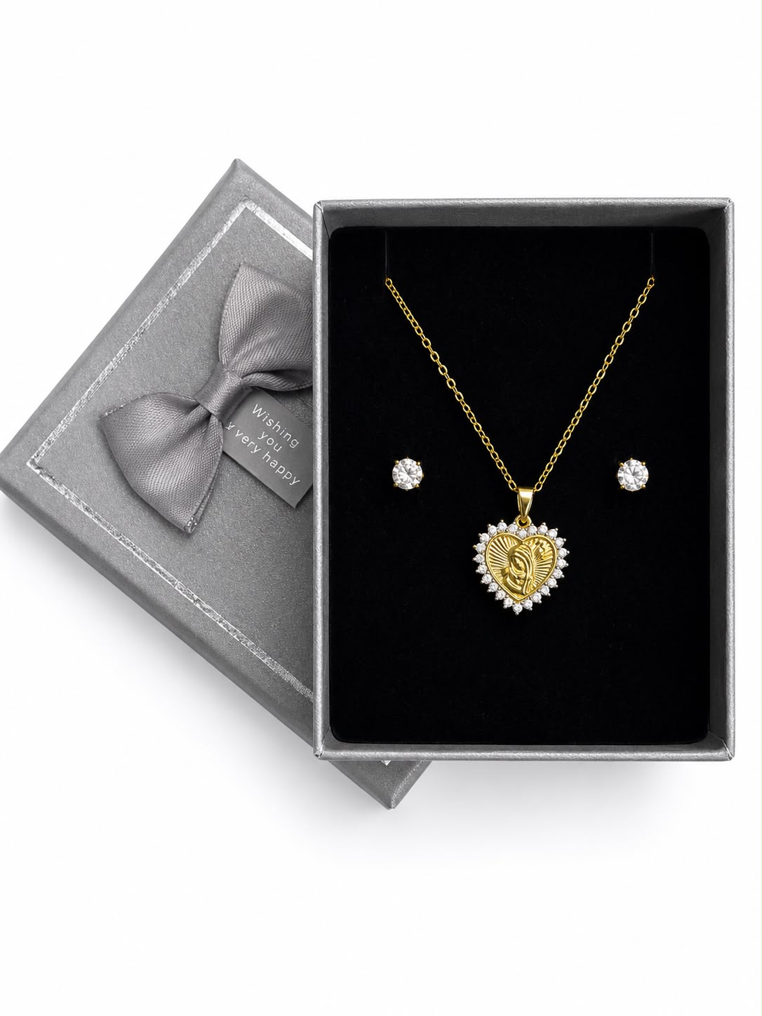 Set De Collar Medalla Corazón Virgen María Y Aretes Punto De Luz