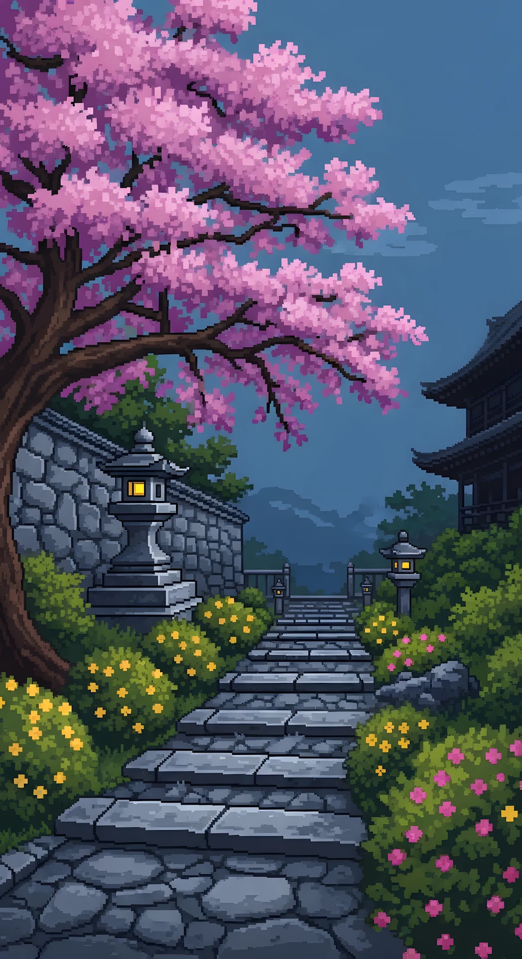 Pixel Art Japanese Garden Cherry Blossom Stone Path - Free 4K mobile Wallpaper