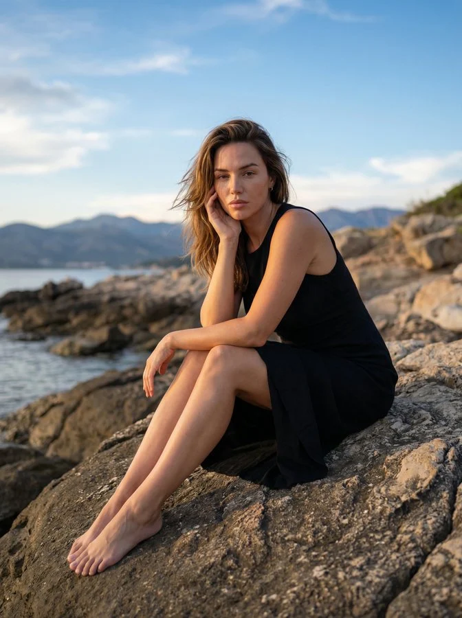 Retrato de una mujer elegante sobre una roca costera.