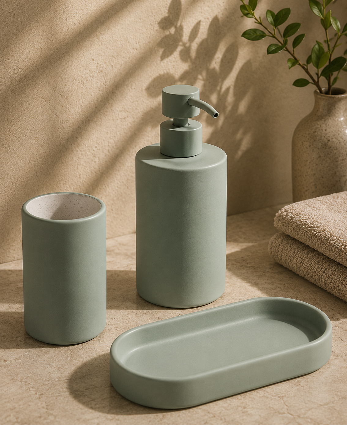 Green Olive Ceramic Soap Dispenser Set view 3