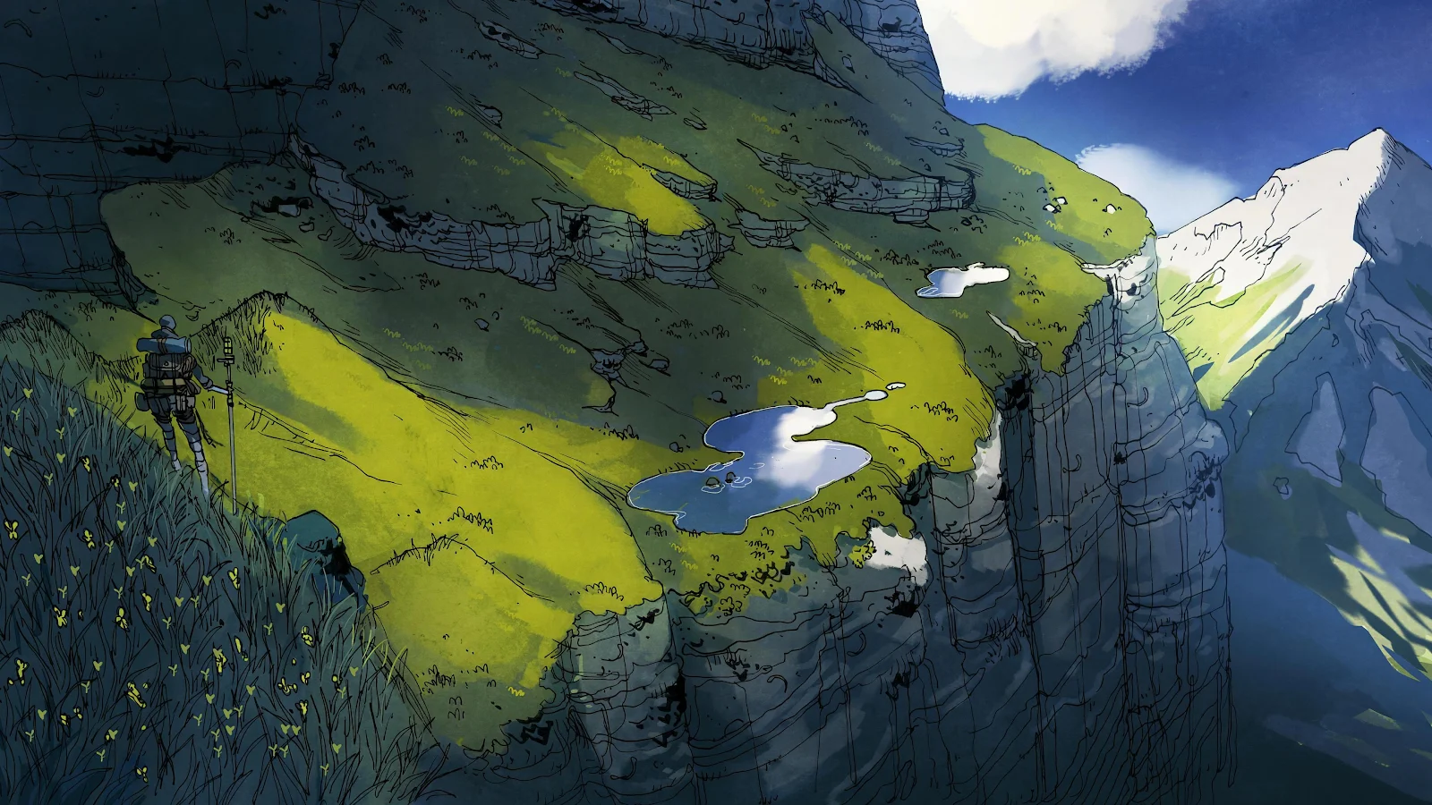 Hiker On Green Mountain Cliffs - Digital Illustration 4K Wallpaper (3840x2160)