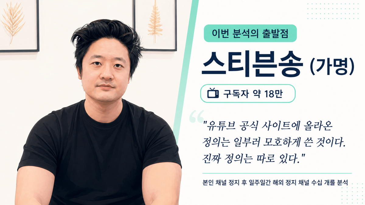 스티븐송 — 약 18만 구독자, 본인 채널 정지 후 해외 정지 채널 수십 개 분석