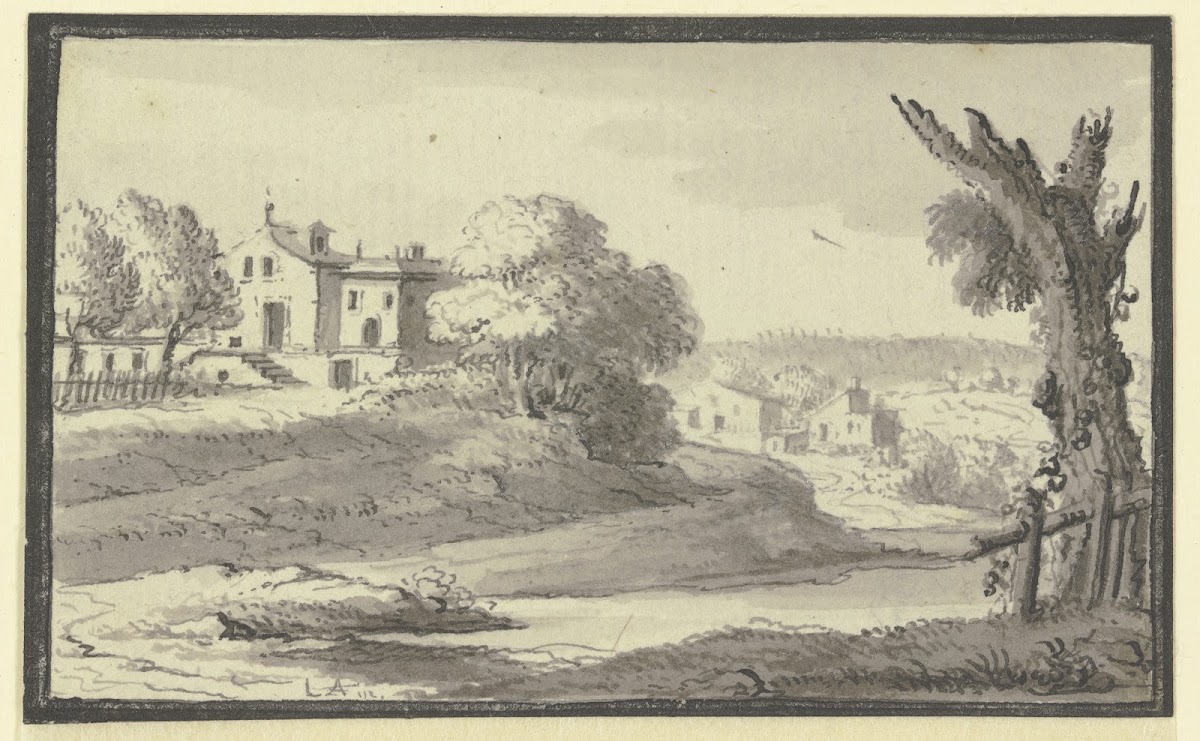 Landschaft mit Häusern auf einem Hügel am Wasser 1744