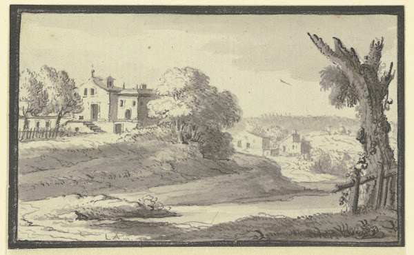 Landschaft mit Häusern auf einem Hügel am Wasser 1744
