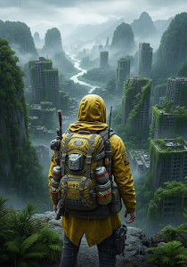 Post-Apocalyptic Survivor Overlooking Ruined City Jungle