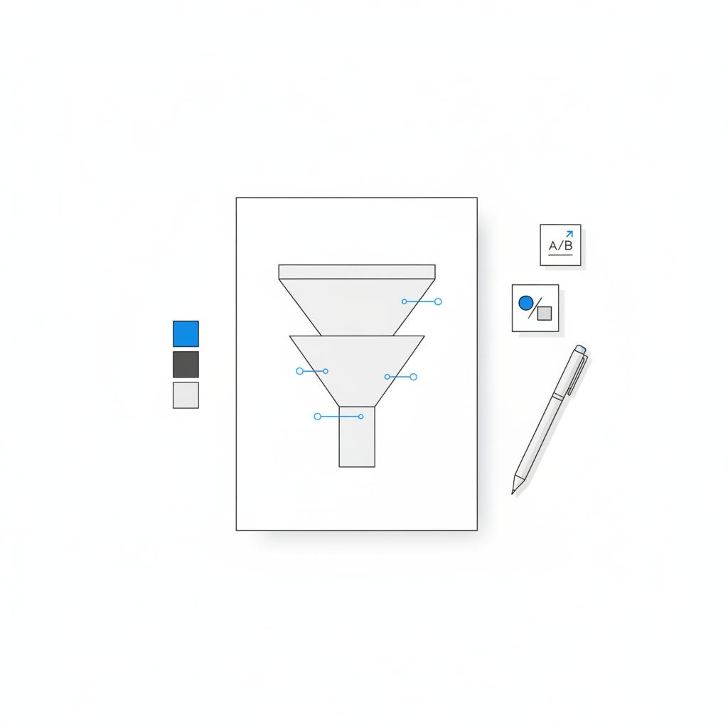 Vector flatlay of a printed marketing funnel, pen and brand color swatches on a white background; sticky-note test markers suggest A/B testing and landing tweaks for cost per lead.