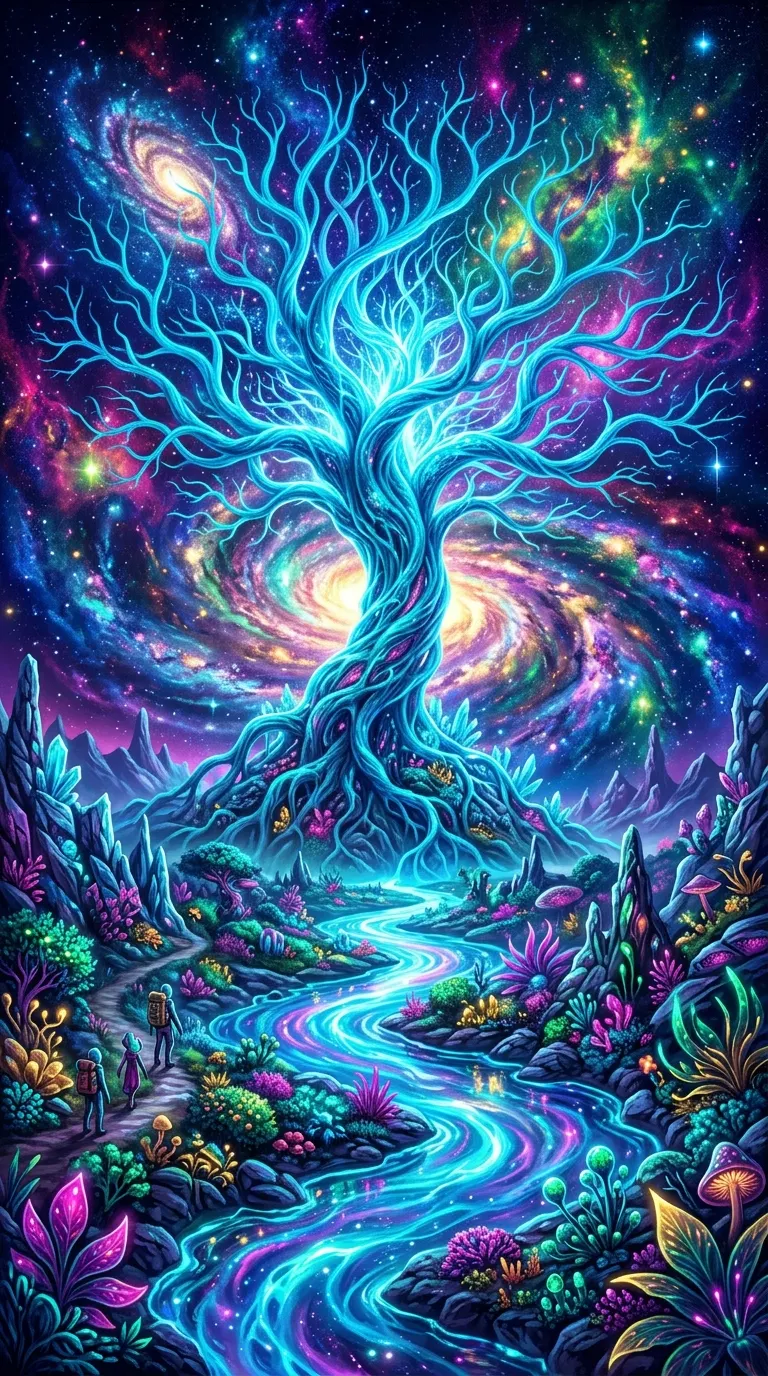 Bioluminescent Alien Tree and River of Light in Cosmic Landscape - Free 8K and 4K mobile Wallpaper Background