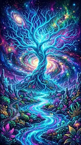 Bioluminescent Alien Tree and River of Light in Cosmic Landscape
