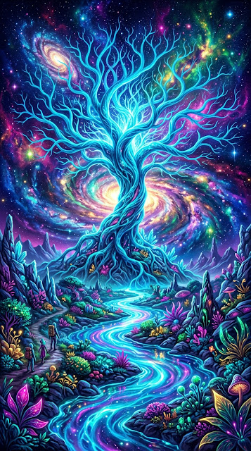 Bioluminescent Alien Tree and River of Light in Cosmic Landscape - Free mobile Wallpaper