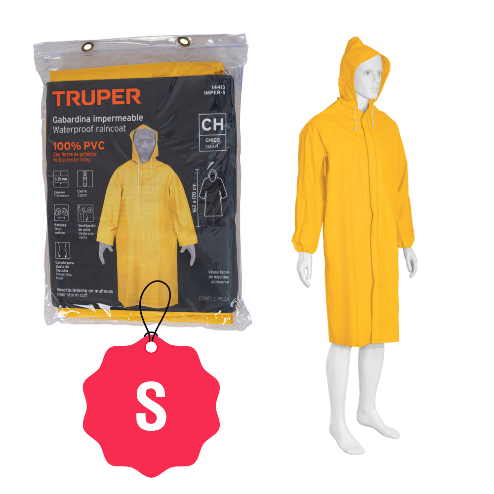 Gabardina Impermeable Doble Capa con Cierre y Botones y Capucha Ajustable Talla S Truper