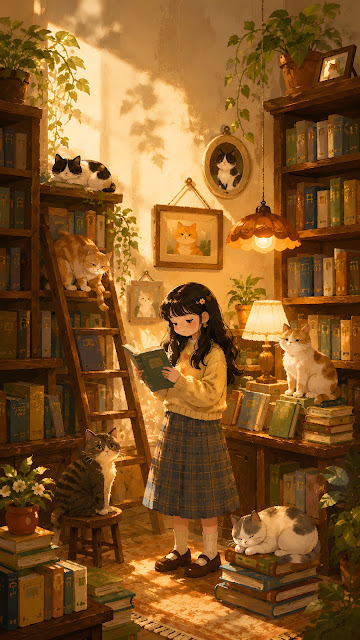 A young girl in a yellow sweater reading a book in a cozy wooden library filled with books and several lounging cats in warm sunlight.