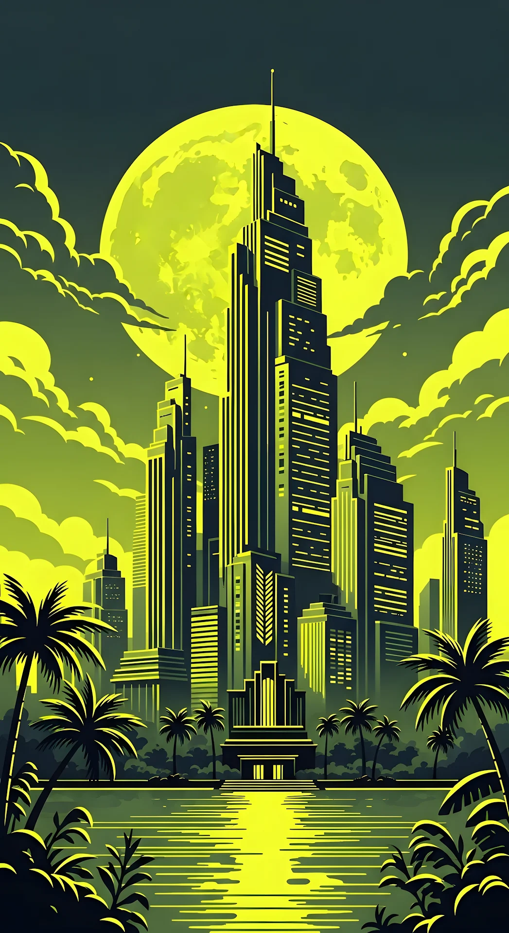 Neon Green Tropical Cityscape under a Giant Moon - Free 4K mobile Wallpaper