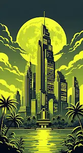 Neon Green Tropical Cityscape under a Giant Moon
