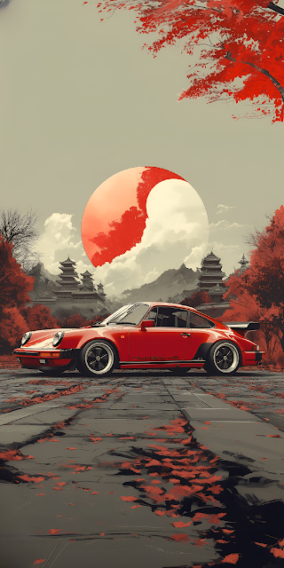 Classic Red Porsche 911 Japanese Pagoda Art Illustration - Free mobile Wallpaper