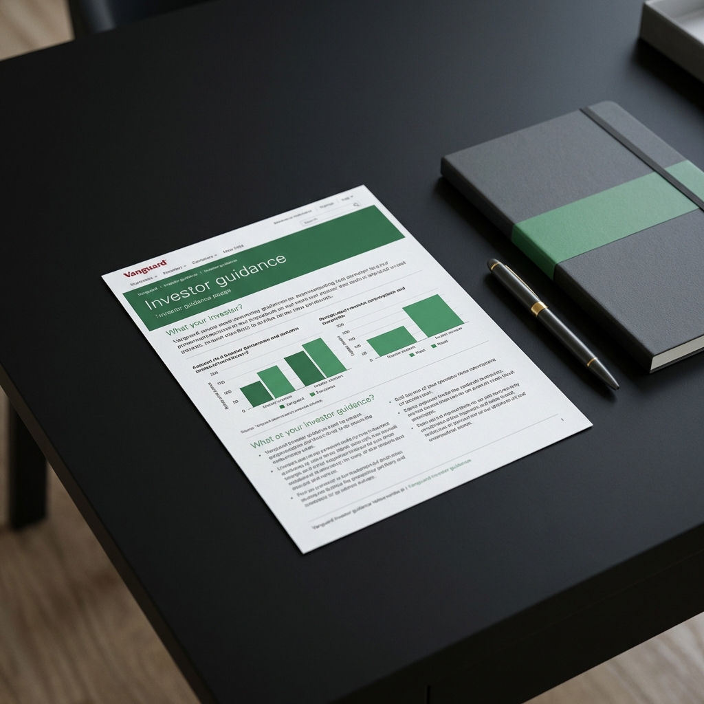 Close up of printed Vanguard investor guidance webpage on dark desk with green notebook and gold accent pen minimalist layout best crypto etf