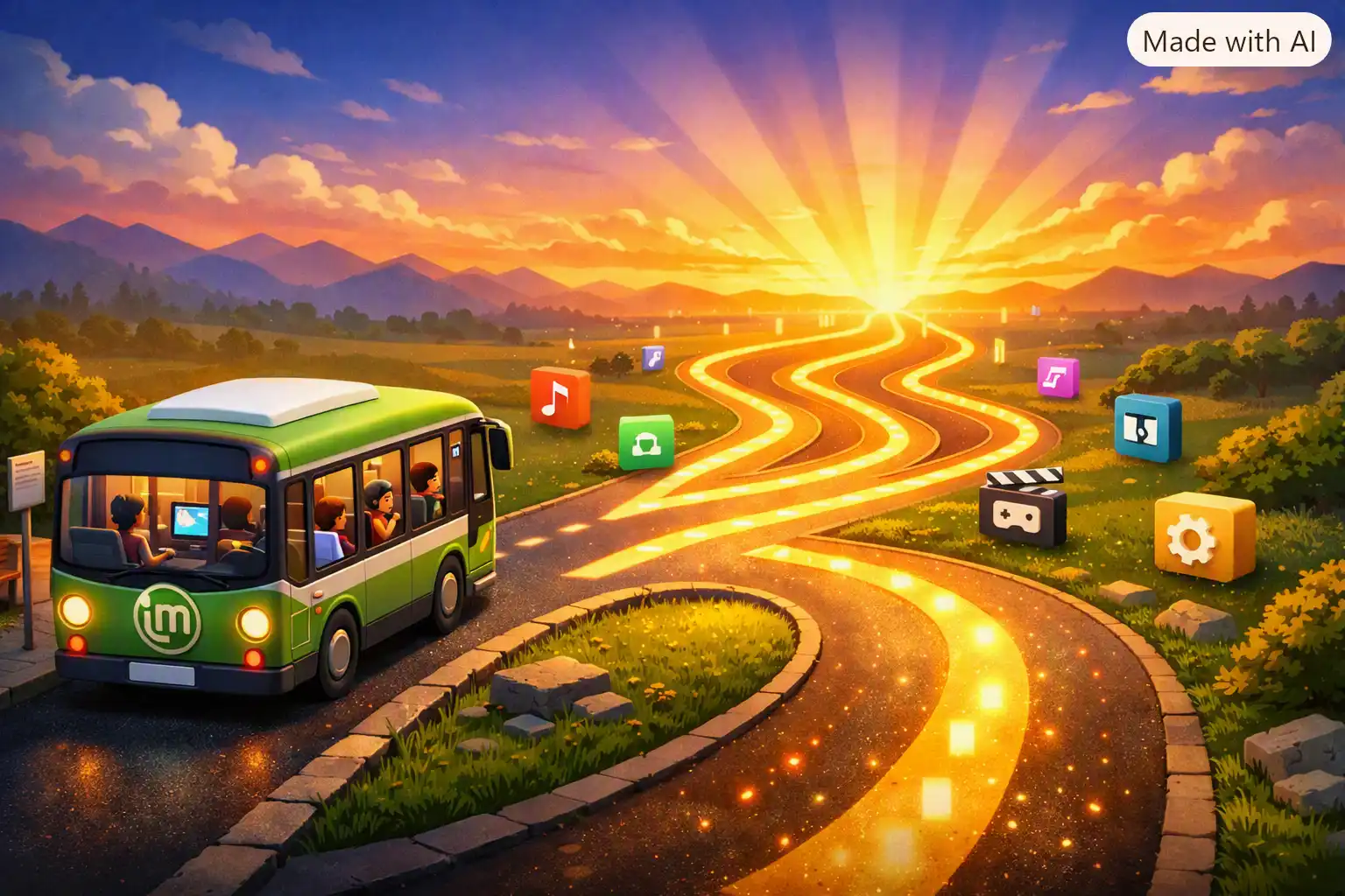 Un colectivo verde de Linux Mint iniciando su recorrido por una carretera que se abre en múltiples caminos luminosos hacia un horizonte dorado, con íconos flotantes de aplicaciones representando distintas áreas digitales.