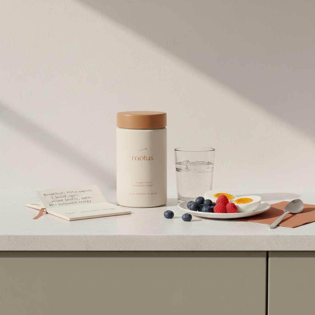 Close-up Tonum Motus jar on a minimalist kitchen counter beside a plate of eggs and berries, glass of water and notepad — clean lifestyle image for a fat burner for females.