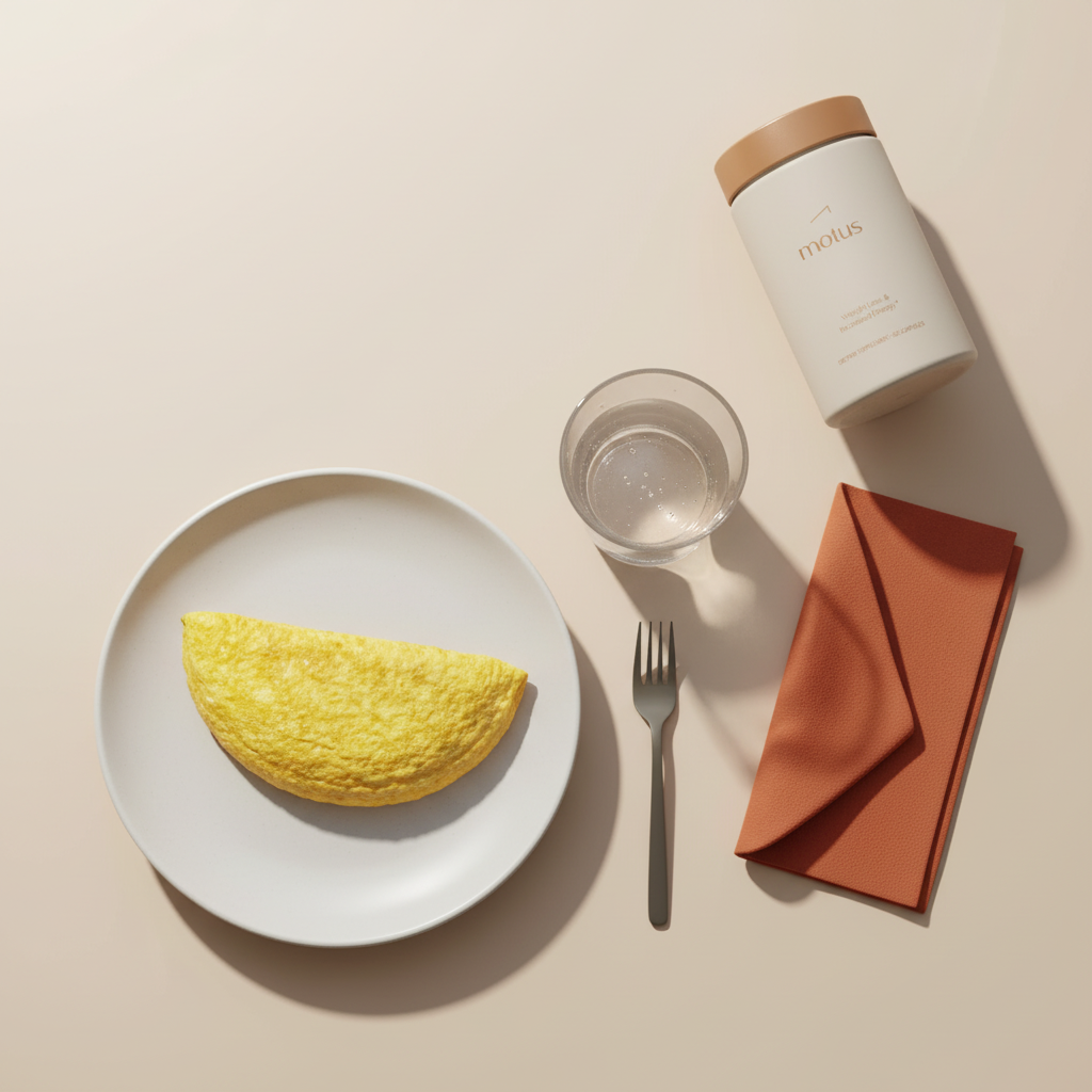 Minimal flat-lay of a morning meal with omelette, glass of water and Tonum Motus bottle upper-right on beige background with accent napkin to suppress your urge to eat