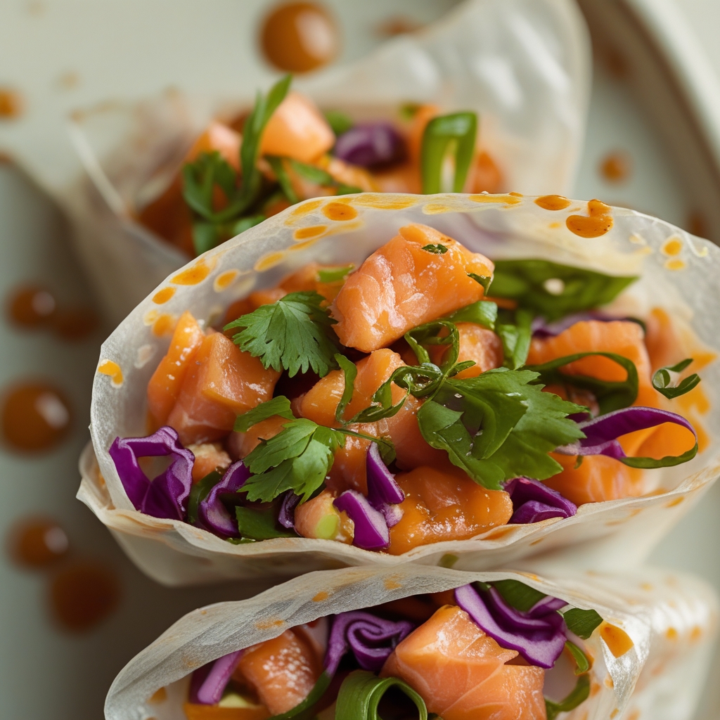 Final Crispy Ginger-Scallion Salmon Rice Paper Wraps with Spicy Miso Tahini Drizzle